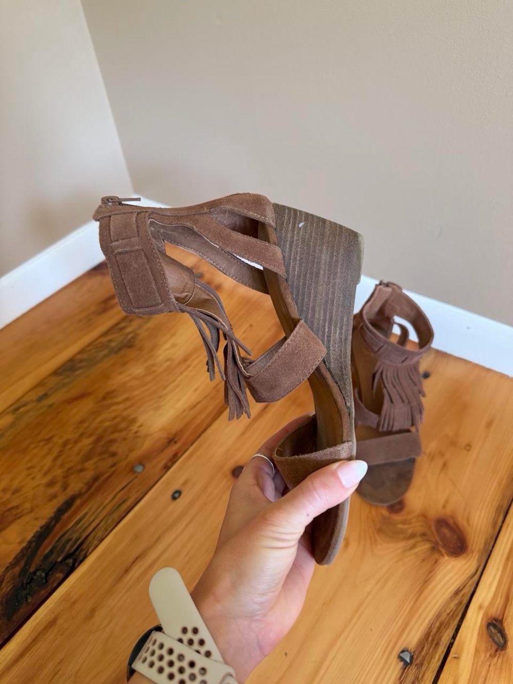 Yellow Box Brown Suede Fringe Wedge Sandals
